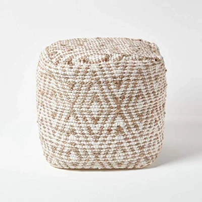 Abbildung von Homescapes handgewobener Chindi Sitzpouf Sitzkissen mit geometrischen Muster, Diamant, Hanf, Beige Weiß, Sierra, 40 x 40cm