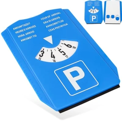 Abbildung von Parkscheibe mit Eiskratzer, 1 Stück, in Blau, acht Sprachen, Parkuhr inkl. 3 x Einkaufswagenchip, für Auto, LKW, Wohnmobil, Parking Disc Blue, Parkscheiben, Parkkarte, Park Scheibe Ankunftszeit