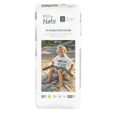 Abbildung von Eco by Naty Premium Einweg Windeln für empfindliche Haut, Größe 5, Packung mit 1 x 40 (40 Stück) pflanzliche Windel 0% Öl Kunststoff auf der Haut