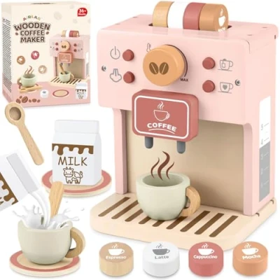 Abbildung von Airlab Kinderküche Kaffeemaschine Kinder Holz, Spielküche Zubehör Kaffeeservice Spielset, Küchengeräte Kaffeeset Spielzeug, Pädagogisches Holzspielzeug Rollenspiel Geschenk für Kleinkind, Rosa