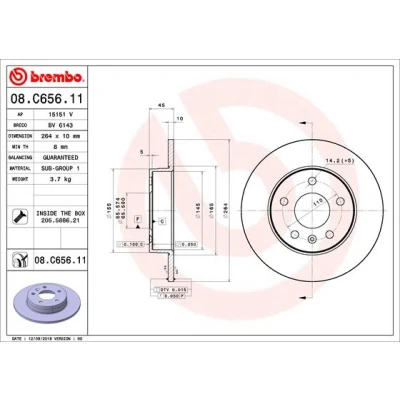 Abbildung von BREMBO 08.C656.11 Bremsscheibe 264 10 5 voll beschichtet mit Schrauben OPEL: Zafira B