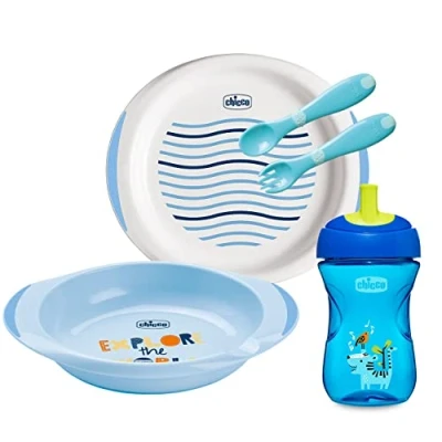 Abbildung von Chicco Baby Geschirr Set, Geschirrset für Essen und Babynahrung, besteht aus 1 x Becher &quot;Advanced Cup&quot;, flachem &amp; tiefem Teller, erstem Besteck, 12M+, blau