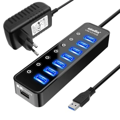 Abbildung von atolla USB Hub Aktiv 3.0 mit Netzteil, 7 Ports aktiver Datenhub Schalter und 1 Intelligenter Charging Port 20W(5V/4A) Netzteil Adapter