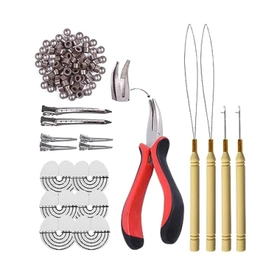 Abbildung von YANTAISIYU Microring Extensions Set: Zange, Nadel und 200 Stück 5.0mm Nanoringe mit Silikon (braun)