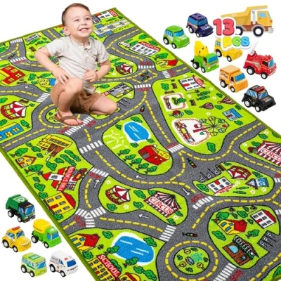 Abbildung von JOYIN Teppich Kinderzimmer 80x150cm mit 12 Mini Auto Spielzeug für Kinder, Spielteppich Straße Kinderteppich, Autoteppich Junge Mädchen Schlafzimmer &amp; Spielzimme