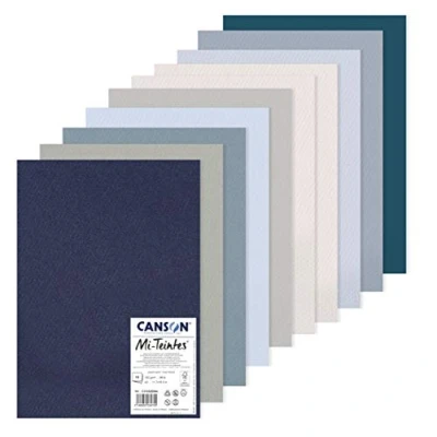 Abbildung von CANSON Mi Teintes, farbiges Zeichenpapier, zweiseitig: Bienenwaben Struktur und feine Körnung, 160 g/m², DIN A3, 29,7 x 42 cm, 10 kühle Töne, Packung, Bögen