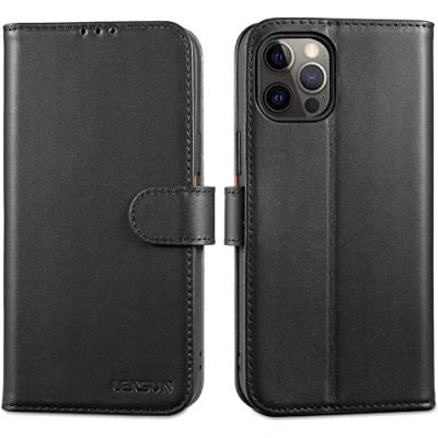 Abbildung von LENSUN Echtleder Hülle für iPhone 12 Pro Max, Handyhülle [Echtes Leder][Magnetverschluss][RFID Schutz] Handytasche Lederhülle Max 5G Schwarz