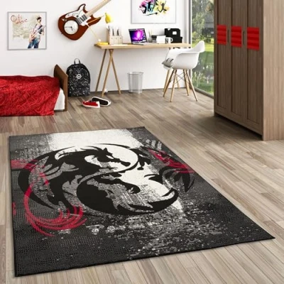 Abbildung von Pergamon Teppich Trendline Drachen Schwarz Rot Grau in 4 Größen
