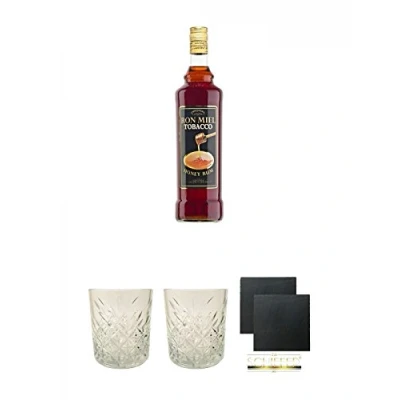 Abbildung von Ron Miel Tobacco Honey Rum 1,0 Liter + Glas 1 Stück Schiefer Glasuntersetzer eckig ca. 9,5 cm Ø 2