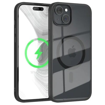 Abbildung von EAZY CASE Crystal TPU Hülle kompatibel mit iPhone 15 Plus Qi Charging, Silikon Kameraschutz, Slimcover, Handyhülle, Silikonhülle, Backcover, Durchsichtig, Transparent/Schwarz