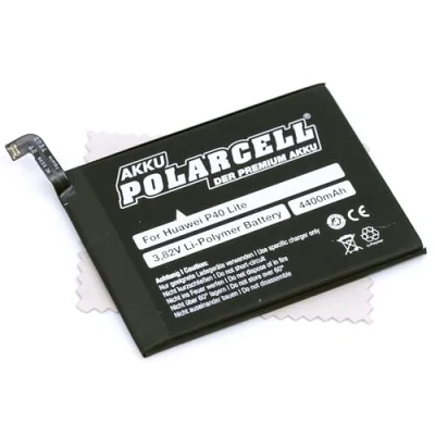 Abbildung von Ersatz Akku passend für Huawei P40 Lite, Mate 30 (Ersetzt Originalakku HB486586ECW) 4400mAh Polarcell mit mungoo Displayputztuch
