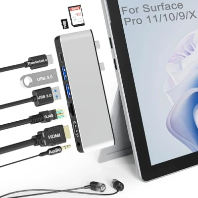 Abbildung von Surface Pro 11 10 9 Docking Station mit 4K HDMI,Thunderbolt 4(8K Video+40 Gbps+100W Leistung),100M Ethernet,USB 3.0,SD TF Kartensteckplatz,3,5mm Audio,Dreifachdisplay für 11/10/9/X Zubehör