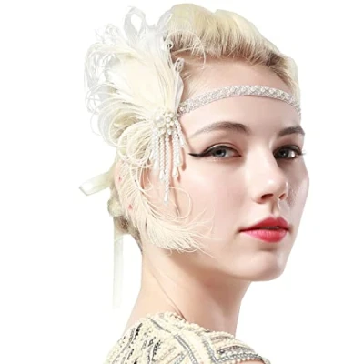 Abbildung von BABEYOND 1920s Stirnband Damen Gatsby Kostüm Accessoires 21er Jahre Flapper Feder Haarband Weiß