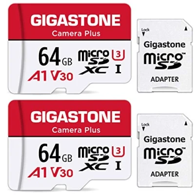 Abbildung von Gigastone Kamera Plus 64GB MicroSDXC Speicherkarte 2er Pack + SD Adapter, für Action und Drohne, Lesegeschwindigkeit bis zu 95MB/s, Full HD Videoaufnahme, A1 U3 Klasse 10 Micro Karte UHS I