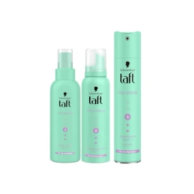 Abbildung von Taft Schwarzkopf Schaumfestiger Volumen (150ml) Haltegrad 3 Haarschaum für alle Haartypen &amp; Föhn Spray Haarspray (250 ml) Haarstyling vegane Formel*