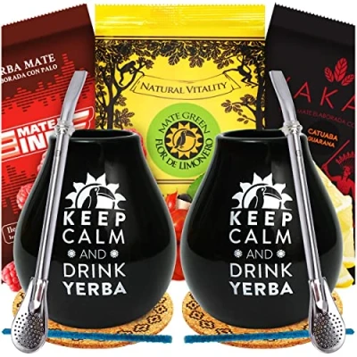 Abbildung von Yerba Mate Tee Green Set für zwei Personen 150g mit Guarana und Frucht loose leaf Keramik Becher Schwarz 350ml Stahl Trinkhalm Bombilla Liza 19cm