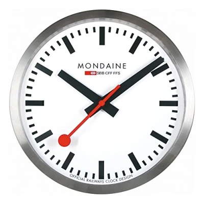 Abbildung von Mondaine Wanduhr A990.Clock.16SBB 25cm Bahnhofsuhr in Silber aus gebürstetem Aluminium mit rotem Sekundenzeiger Hergestellt der Schweiz staubbeständig