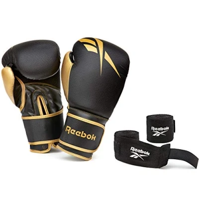 Abbildung von Reebok Box Set. Boxhandschuhe 12oz Gold/Schwarz &amp; Handgelenkbandagen