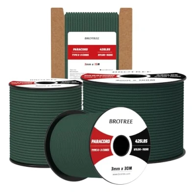 Abbildung von Brotree Paracord 3mm 50M 100% Nylon Seil Schnur Typ II 425 mit 3 Kern für Survival, Outdoor, Armband, Basteln Bruchlast 192kg (Dunkelgrün)