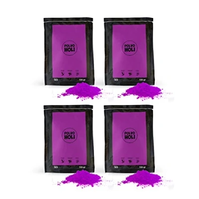 Abbildung von POLVO Holi Packung mit 4 Pulverbeuteln à 100 Gramm (400 g Pulver) (Lila)