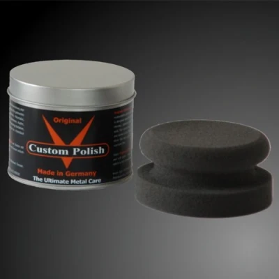Abbildung von ORIGINAL CUSTOM POLISH Polierset 400g Chrompolitur Alu Edelstahl Politur Felgenpolitur + Profi Polierpad Applikator (EINWEG Verpackung)