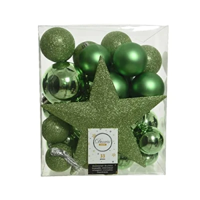 Abbildung von Decoris season decorations Weihnachtsbaumkugel, Weihnachtskugeln Kunststoff mit Christbaumstern 33er Set Mistelgrün