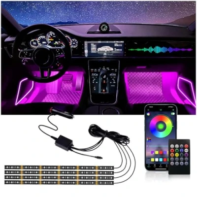 Abbildung von massway LED Innenbeleuchtung Auto, 4pcs 72 Streifen Auto Innenraumbeleuchtung Ambientebeleuchtung, 12V Wasserdicht Strip mit Zigarettenanzünder, APP &amp; Fernbedienung Steuerung