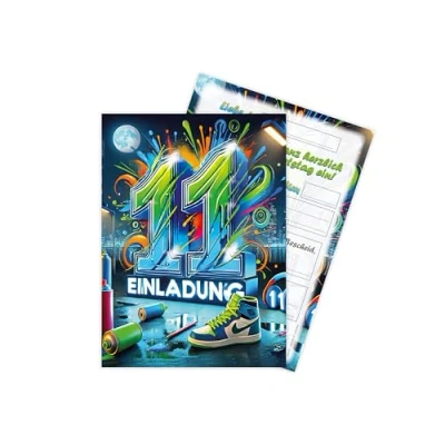Abbildung von LIMONIA Einladungskarten Graffiti zum Kindergeburtstag Mädchen Jungen Einladungen neon, 11. Geburtstag mit Motiv