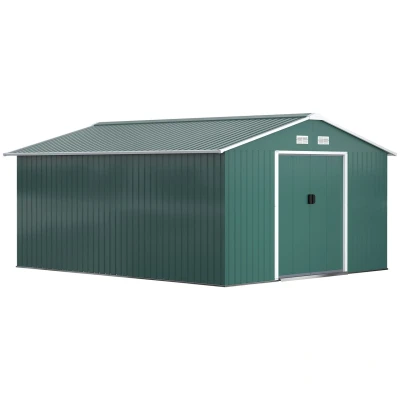Abbildung von Outsunny Gerätehaus 12,4 m² Gartenhaus mit Pultdach, Schiebetür, Fundament Grün