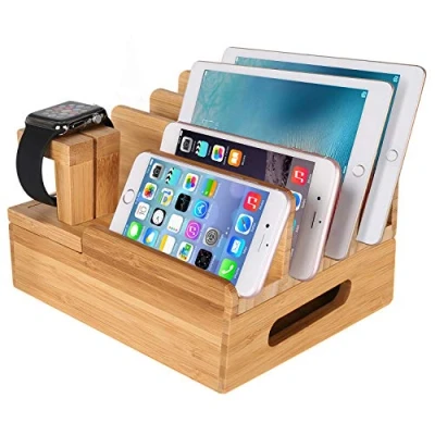 Abbildung von Bambus Holz Multi Gerät Desktop Ladestation Halterung Ladegerät Halter Wiege Ständer compatible with iPhone 12 11 Pro Max XS XR X 8 7 6S Plus iPad Apple Watch 2 3 4 iWatch Samsung Smartphones &amp; Tablet