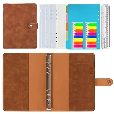 Abbildung von Leder Notizbuch Binder A5,PU Nachfüllbares Ringbuch A5 Tagebuch Karierte Papier Echtleder Innentaschen für Reisearbeit und Organizer,Geschenk Mädchen, Jungen (Braun 23x17cm)