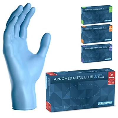 Abbildung von ARNOMED Einweghandschuhe Blau Extra Stark, Einmalhandschuhe in S, 50% dickere Nitrilhandschuhe, 100 Stk./Box, Handschuhe Einweg puderfrei, latexfreie Gummihandschuhe, M, L &amp; XL