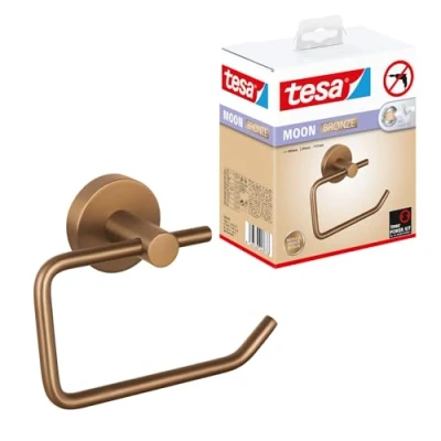 Abbildung von tesa Toilettenpapierhalter MOON selbstklebender Rollenhalter ohne Deckel (Packung, 3 St., Inkl. Powerkit Montagezubehör enthält Klebelösung und Adapter), PVD beschichtetes Metall Bohren 99 x 140 53 mm Bronze