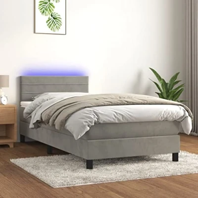 Abbildung von vidaXL Boxspringbett Bett mit Matratze &amp; LED Samt (90 x 200 cm, Hellgrau), Knopfheftung Parallel