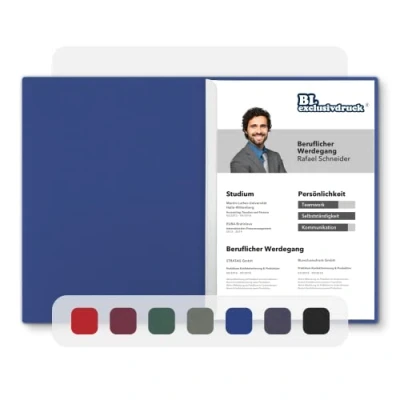 Abbildung von 5 Stück zweiteilige Bewerbungsmappen BL exclusivdruck® in Königsblau Premium Qualität mit edler Relief Prägung &#039;Bewerbung&#039; Produkt Design von &#039;Mario Lemani&#039;