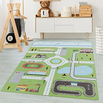 Abbildung von Carpetsale24 Kinderteppich Straßenteppich Lernen und Spielen Grün 160 x 230 cm Kurzflor Teppich Kinderzimmer für Jungen Mädchen Pflegeleicht Waschbar Spielteppich Babyzimmer Babyteppich