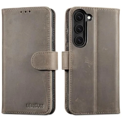 Abbildung von LENSUN Lederhülle für Samsung Galaxy S23, Echtleder Hülle [Kartenfach][Standfanktion][Echtes Leder] Handyhülle Flip Handytasche S23 5G Graubraun