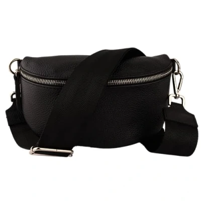 Abbildung von MIRROSI® Bauchtasche Damen, Echtleder, Made in Italy, Umhängetasche, Brusttasche, Crossbody Bag (1 Tasche &amp; 2 Gurte) (Schwarz (Uni Einfarbig Schwarz), Mittelgroße (25x16x7cm))