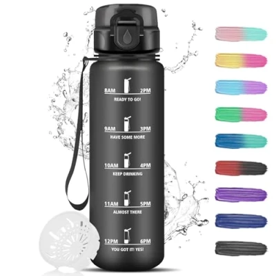 Abbildung von Trinkflasche 1L, Sport mit Filter, Auslaufsicher für kohlensäurehaltige Getränke, Uhrzeit, Leicht zu Reinigen, Fitness, Yoga, Camping, Wandern, Schwarz