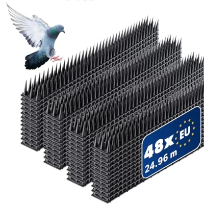 Abbildung von KADAX 24 Stück Vogelabwehr Spikes, Kunststoff, 51x4x3,5 cm, 3 reihig, für Tauben, Katzen, Marder, Zaun, Balkon, Dach, Fensterbank, robust und wetterbeständig, frei zuschneidbar, Silber