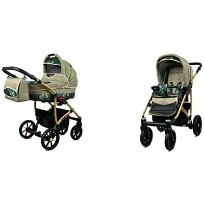 Abbildung von BabyLux Largo 2 in 1 Baby Kinderwagen Tief und mit Zubehör Verstellbar faltbar Aluminiumkonstruktion Wasserdicht Nicht abnehmbare Räder Navy Blue Star Gold Frame