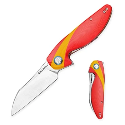 Abbildung von Harnds Parrot Klappmesser,Camping messer mit 91mm Sandvik 14C28N Klinge und messerkantenverschluss Rutschfester G10 Griff, Klapp Taschenmesser Clip für Outdoor Selbstschutz (Rot Gelb)