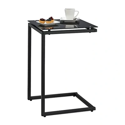 Abbildung von Relaxdays Beistelltisch in C Form, HBT 60 x 40 cm, Sesseltisch zum Unterschieben, Metall &amp; Glas, Sofatisch, schwarz, Stahl
