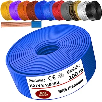 Abbildung von MAS Premium Aderleitung H07 V K 1x2,5 mm² HBL GRGE RT DBL BR OR GR WS VIO oder GE Einzelader flexibel Von 5 bis 100m (Hellblau, 100m)