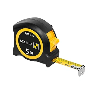 Abbildung von Stabila Taschenbandmaß BM 100, 5 m, Maßband mit metrischer Skala, bruchsicheres ABS Gehäuse, beweglicher Anfangshaken, Gürtel Clip, MID Genauigkeit, Schwarz/Gelb