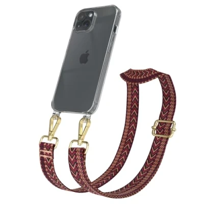Abbildung von EAZY CASE Handykette mit verstellbarem Trageriemen für iPhone 15 Taschengurt zum Wechseln transparenter Handyhülle Hülle dünner Schulterriemen in Rot Braun Gold
