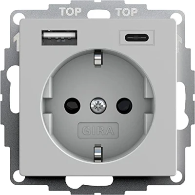 Abbildung von Gira 2459015 SchukoSteckdose USB Anschluss Shutter Berührungsschutz 2 fach Typ A(max.2,4A) C(max.3A) System 55 Grau matt UP Unterputz Schutzkontaktsteckdose Wandsteckdose Smartphone Tablet 32mm