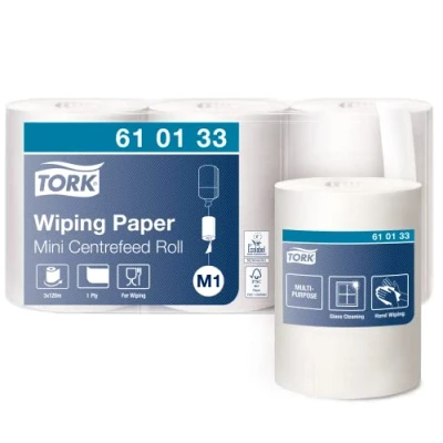 Abbildung von Tork 610133 Mehrzweck Papierwischtücher für das M1 Innenabrollung Mini Spendersystem / 1 lagiges stabiles Papier in Weiß 3 x 120m