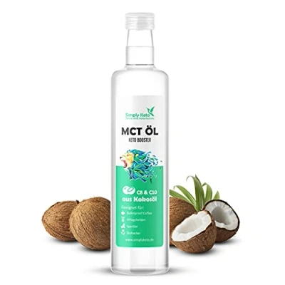Abbildung von Simply Keto MCT Öl (500ml) Booster aus 100% Kokosöl 70% Caprylsäure C8 und 30% Caprinsäure C10 Vegan &amp; Palmölfrei Optimal für ketogene Ernährung Bulletproof Coffee 500ml