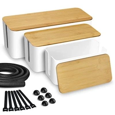Abbildung von Lannvan Kabelbox 3er Set Weiß aus ABS Kunststoff mit Bambusdeckel Schreibtisch Inkl. Zubehör zum Kabel Verstecken Kabelmanagement Organizer Box Groß &amp; Medium Klein